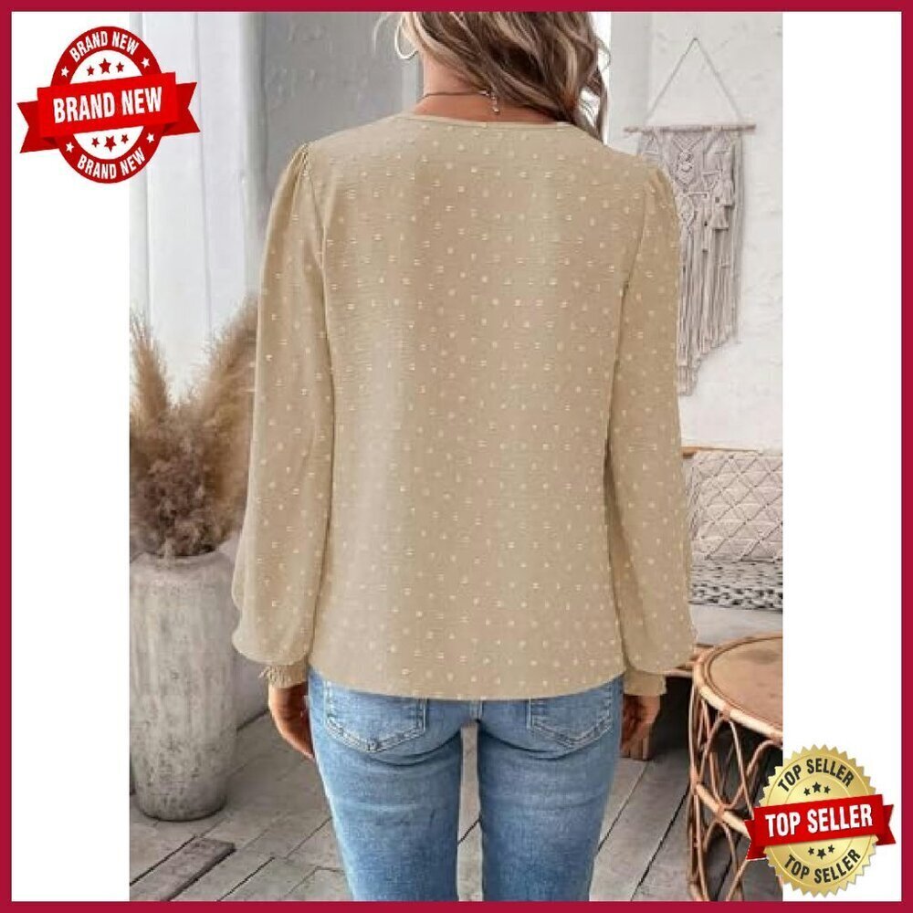 Swiss Dot Chiffon Blouse Long Sleeve V Neck Flowy Lace Hem - Picture 3 of 8